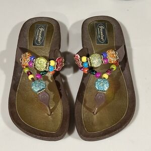 Grandco Women's Jeweled‎ Beaded Brown Thong Flip Flops Sandals Shoes Size 7